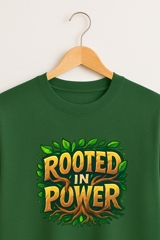 Rooted In Power – Elemental Word Art Forest Green T-Shirt
