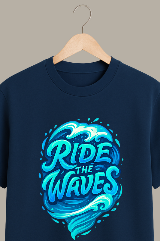 Ride The Waves – Elemental Word Art Bavy Blue T-Shirt