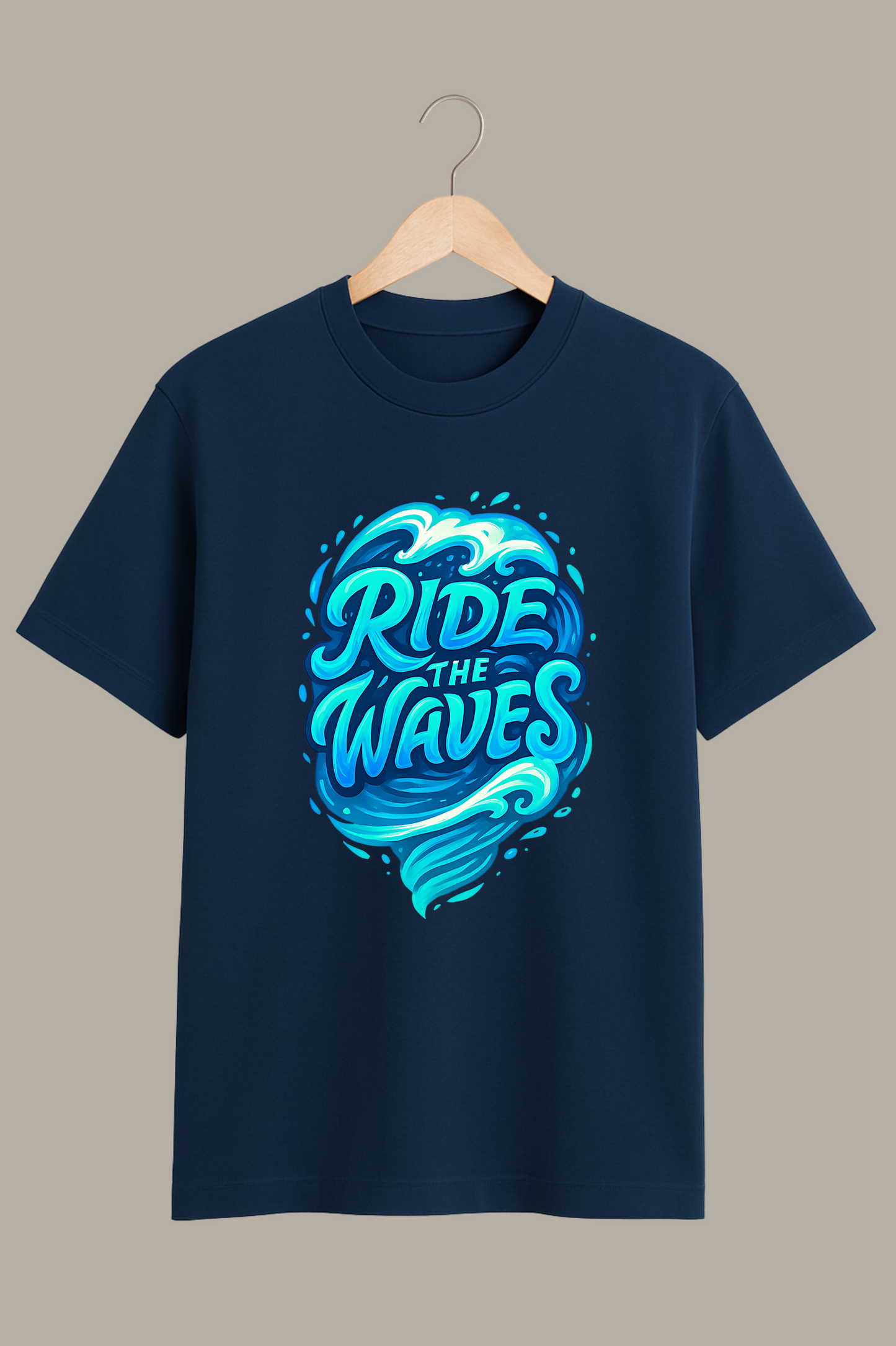 Ride The Waves – Elemental Word Art Bavy Blue T-Shirt