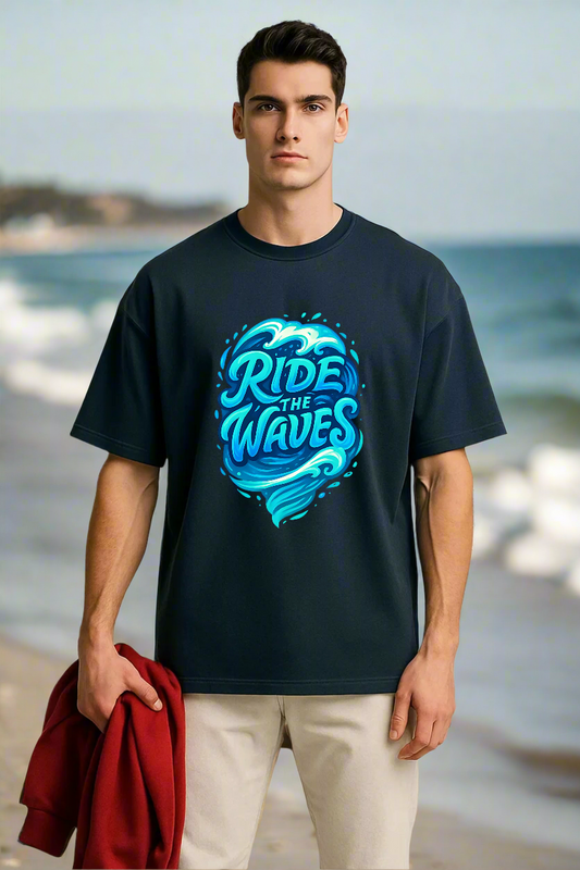 Ride The Waves – Elemental Word Art Bavy Blue T-Shirt