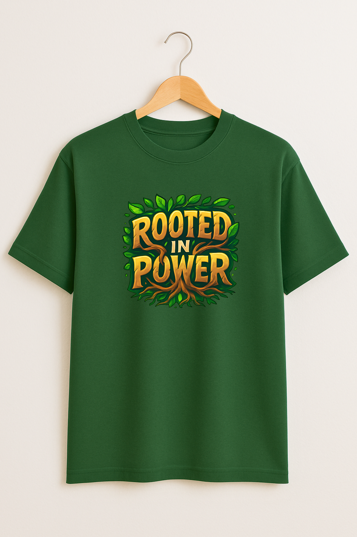 Rooted In Power – Elemental Word Art Forest Green T-Shirt